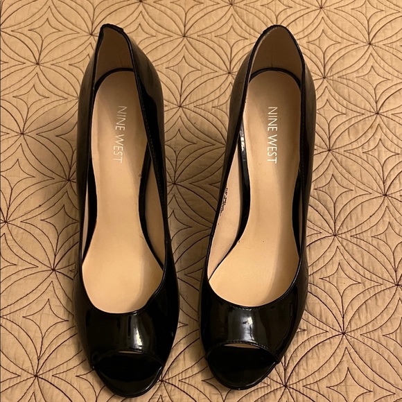 Nine West Shoes - Nine West Glossy Black Peep Toe Heels